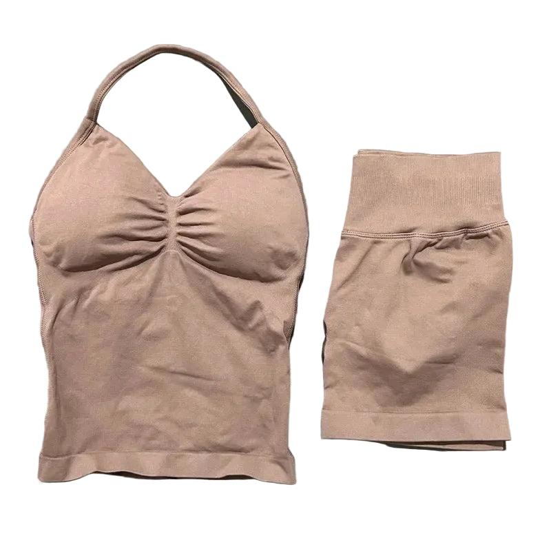 Yoga 2 Pieces Gym Set Women Backless Halter Tops High Waist Seamless Shorts Gym Suit Fitness Sports Bras Sportswear Workout Sets