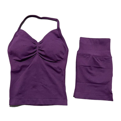 Yoga 2 Pieces Gym Set Women Backless Halter Tops High Waist Seamless Shorts Gym Suit Fitness Sports Bras Sportswear Workout Sets