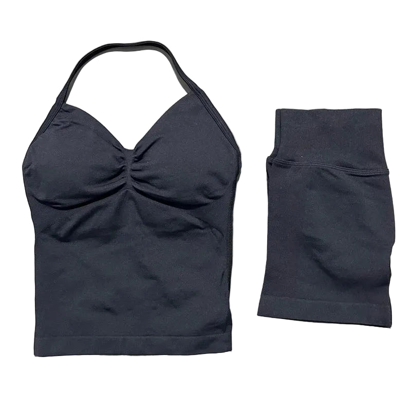 Yoga 2 Pieces Gym Set Women Backless Halter Tops High Waist Seamless Shorts Gym Suit Fitness Sports Bras Sportswear Workout Sets