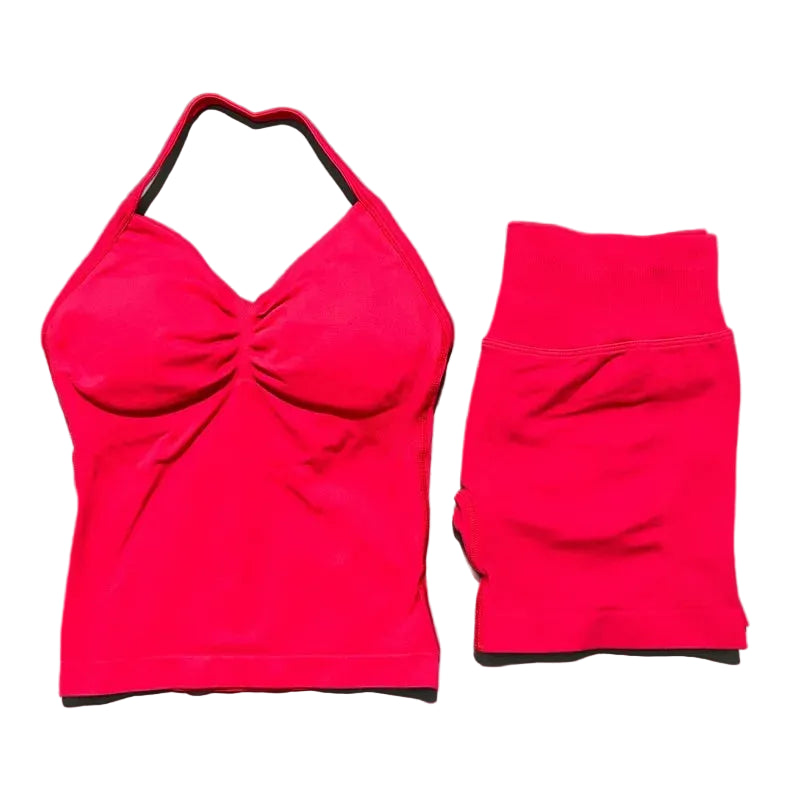 Yoga 2 Pieces Gym Set Women Backless Halter Tops High Waist Seamless Shorts Gym Suit Fitness Sports Bras Sportswear Workout Sets