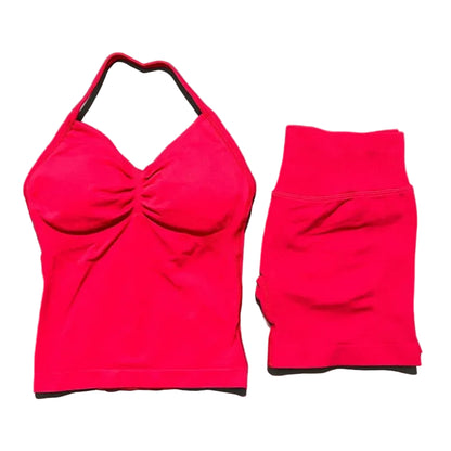 Yoga 2 Pieces Gym Set Women Backless Halter Tops High Waist Seamless Shorts Gym Suit Fitness Sports Bras Sportswear Workout Sets