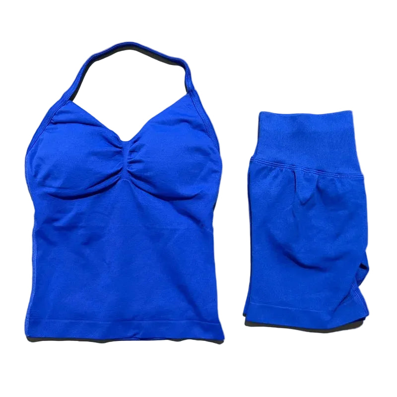 Yoga 2 Pieces Gym Set Women Backless Halter Tops High Waist Seamless Shorts Gym Suit Fitness Sports Bras Sportswear Workout Sets