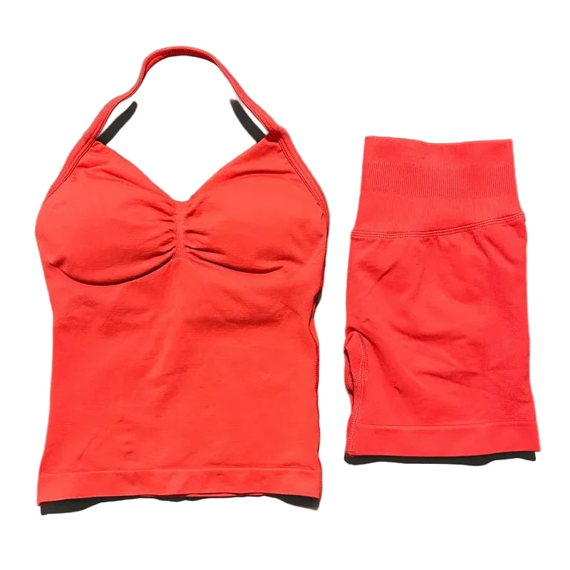 Yoga 2 Pieces Gym Set Women Backless Halter Tops High Waist Seamless Shorts Gym Suit Fitness Sports Bras Sportswear Workout Sets