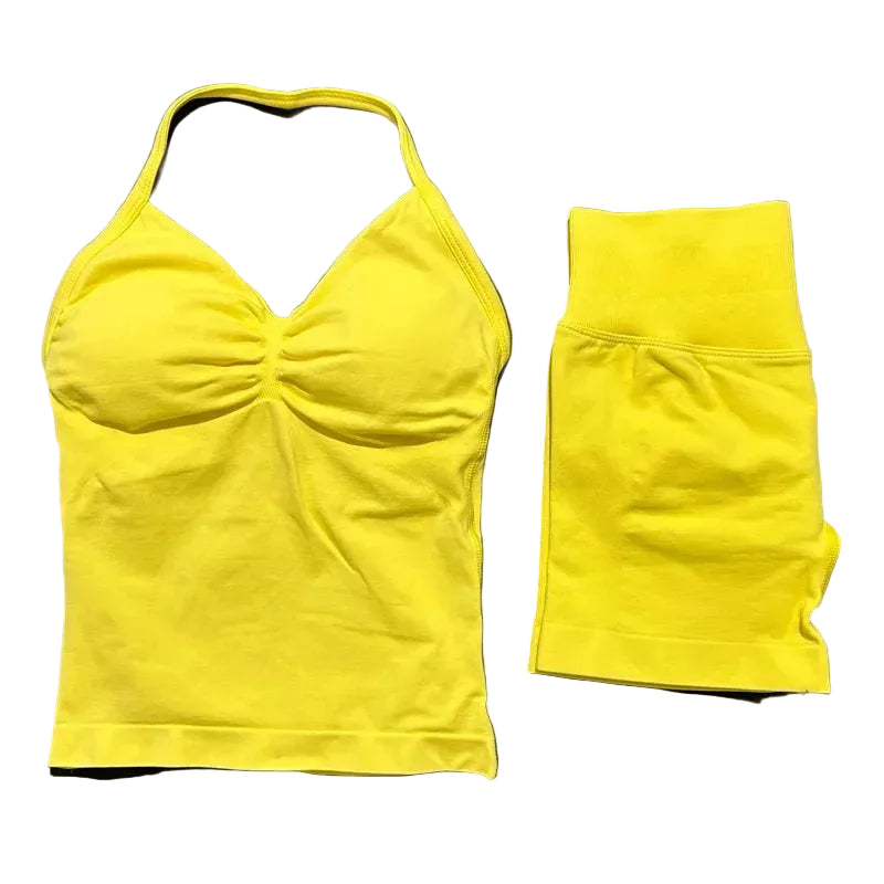 Yoga 2 Pieces Gym Set Women Backless Halter Tops High Waist Seamless Shorts Gym Suit Fitness Sports Bras Sportswear Workout Sets