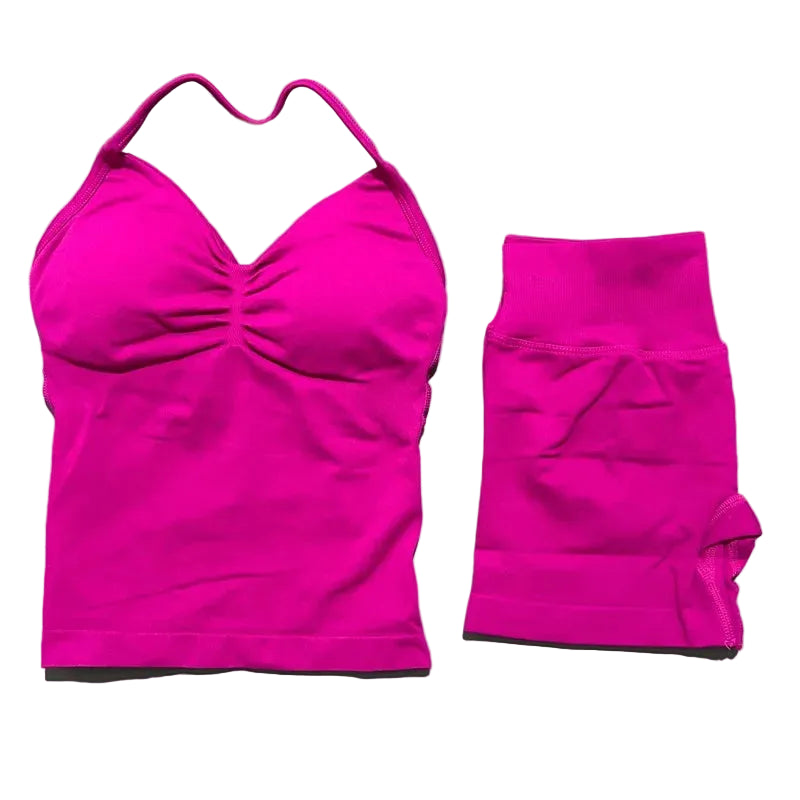 Yoga 2 Pieces Gym Set Women Backless Halter Tops High Waist Seamless Shorts Gym Suit Fitness Sports Bras Sportswear Workout Sets