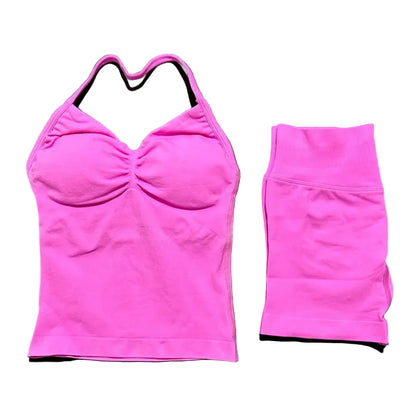 Yoga 2 Pieces Gym Set Women Backless Halter Tops High Waist Seamless Shorts Gym Suit Fitness Sports Bras Sportswear Workout Sets