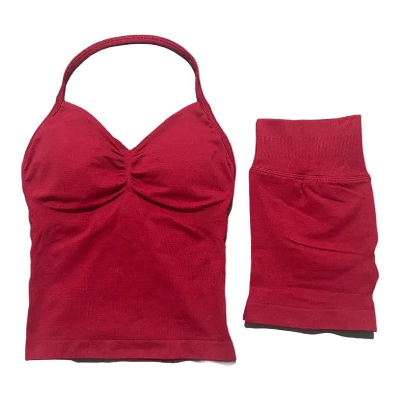 Yoga 2 Pieces Gym Set Women Backless Halter Tops High Waist Seamless Shorts Gym Suit Fitness Sports Bras Sportswear Workout Sets