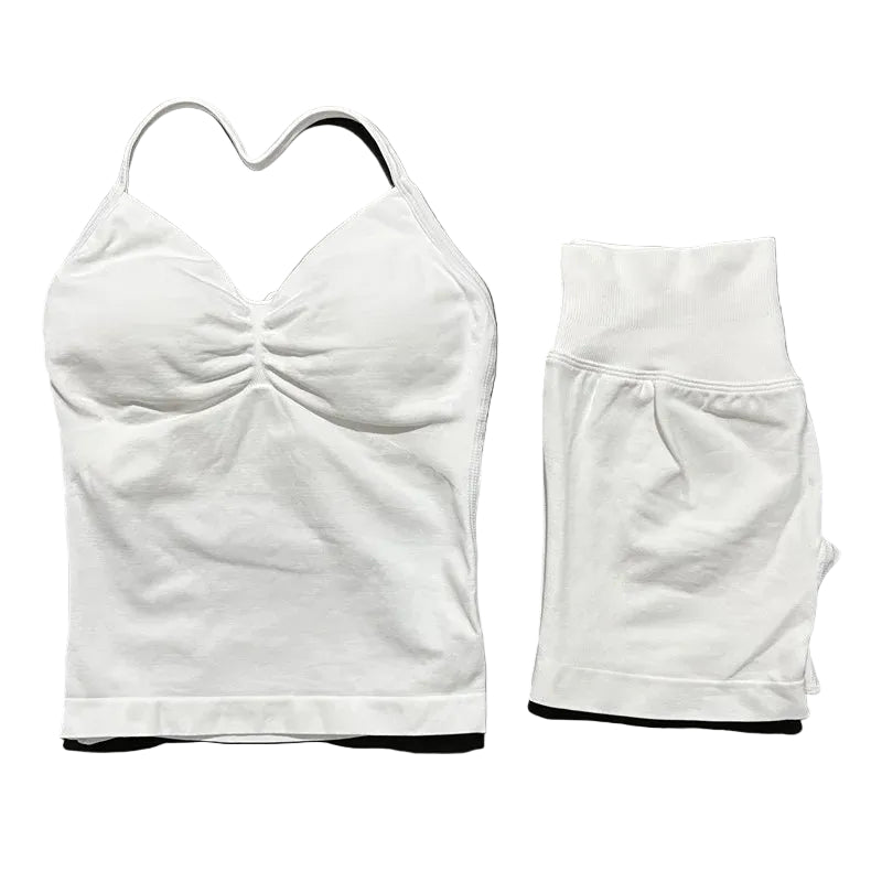 Yoga 2 Pieces Gym Set Women Backless Halter Tops High Waist Seamless Shorts Gym Suit Fitness Sports Bras Sportswear Workout Sets