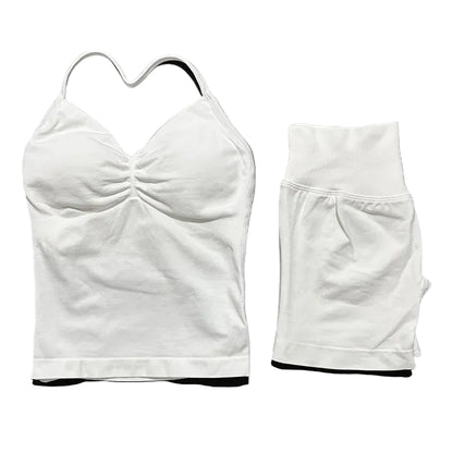 Yoga 2 Pieces Gym Set Women Backless Halter Tops High Waist Seamless Shorts Gym Suit Fitness Sports Bras Sportswear Workout Sets