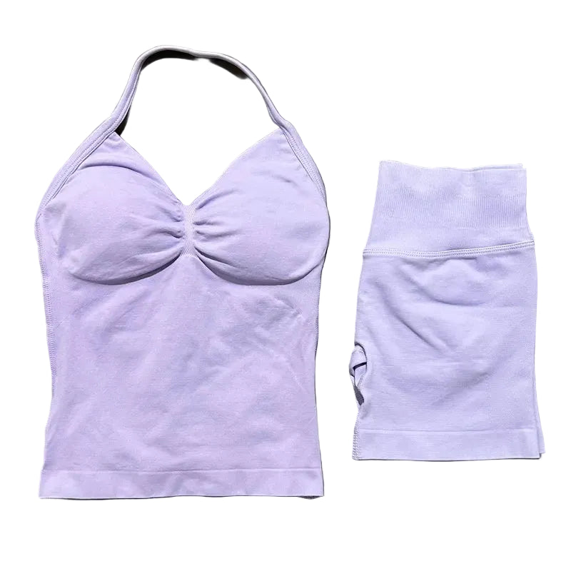 Yoga 2 Pieces Gym Set Women Backless Halter Tops High Waist Seamless Shorts Gym Suit Fitness Sports Bras Sportswear Workout Sets