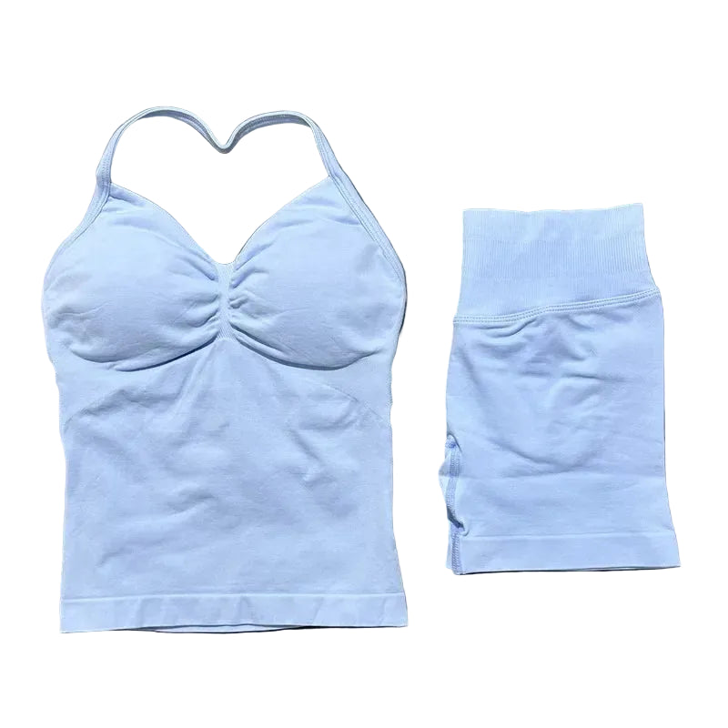 Yoga 2 Pieces Gym Set Women Backless Halter Tops High Waist Seamless Shorts Gym Suit Fitness Sports Bras Sportswear Workout Sets