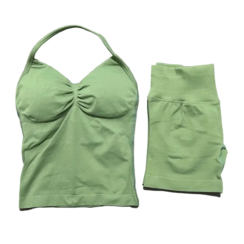 Yoga 2 Pieces Gym Set Women Backless Halter Tops High Waist Seamless Shorts Gym Suit Fitness Sports Bras Sportswear Workout Sets