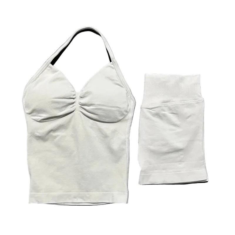 Yoga 2 Pieces Gym Set Women Backless Halter Tops High Waist Seamless Shorts Gym Suit Fitness Sports Bras Sportswear Workout Sets