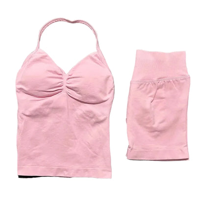 Yoga 2 Pieces Gym Set Women Backless Halter Tops High Waist Seamless Shorts Gym Suit Fitness Sports Bras Sportswear Workout Sets