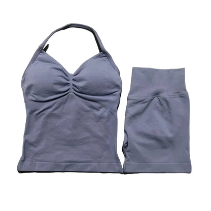 Yoga 2 Pieces Gym Set Women Backless Halter Tops High Waist Seamless Shorts Gym Suit Fitness Sports Bras Sportswear Workout Sets