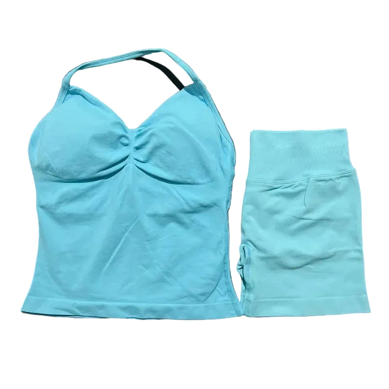 Yoga 2 Pieces Gym Set Women Backless Halter Tops High Waist Seamless Shorts Gym Suit Fitness Sports Bras Sportswear Workout Sets