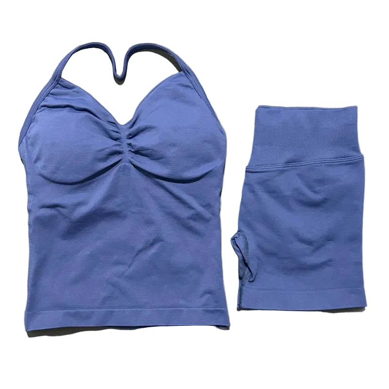 Yoga 2 Pieces Gym Set Women Backless Halter Tops High Waist Seamless Shorts Gym Suit Fitness Sports Bras Sportswear Workout Sets