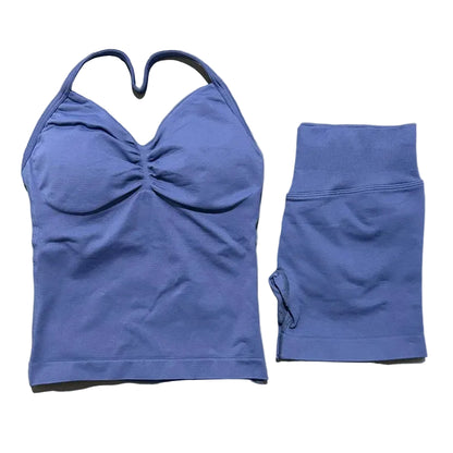 Yoga 2 Pieces Gym Set Women Backless Halter Tops High Waist Seamless Shorts Gym Suit Fitness Sports Bras Sportswear Workout Sets