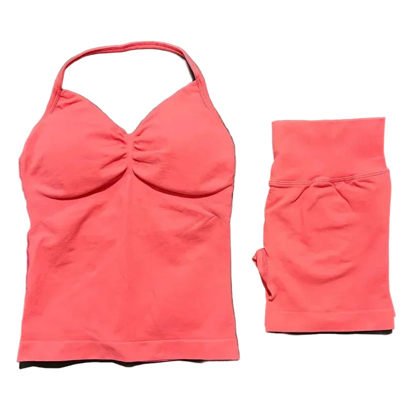 Yoga 2 Pieces Gym Set Women Backless Halter Tops High Waist Seamless Shorts Gym Suit Fitness Sports Bras Sportswear Workout Sets