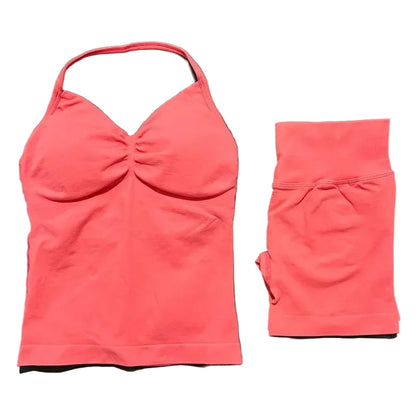 Yoga 2 Pieces Gym Set Women Backless Halter Tops High Waist Seamless Shorts Gym Suit Fitness Sports Bras Sportswear Workout Sets