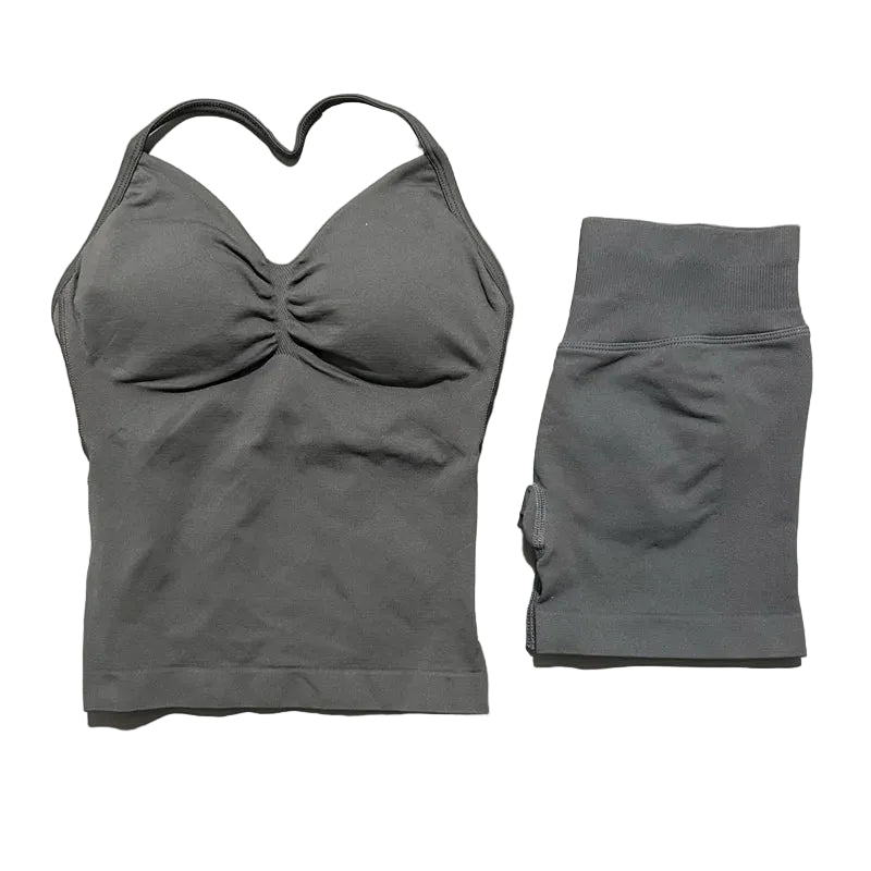 Yoga 2 Pieces Gym Set Women Backless Halter Tops High Waist Seamless Shorts Gym Suit Fitness Sports Bras Sportswear Workout Sets