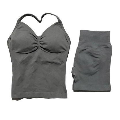 Yoga 2 Pieces Gym Set Women Backless Halter Tops High Waist Seamless Shorts Gym Suit Fitness Sports Bras Sportswear Workout Sets