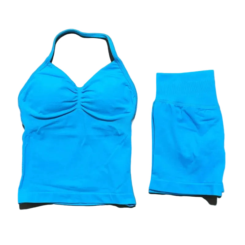 Yoga 2 Pieces Gym Set Women Backless Halter Tops High Waist Seamless Shorts Gym Suit Fitness Sports Bras Sportswear Workout Sets