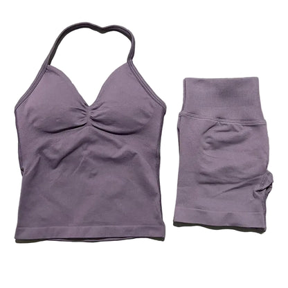 Yoga 2 Pieces Gym Set Women Backless Halter Tops High Waist Seamless Shorts Gym Suit Fitness Sports Bras Sportswear Workout Sets