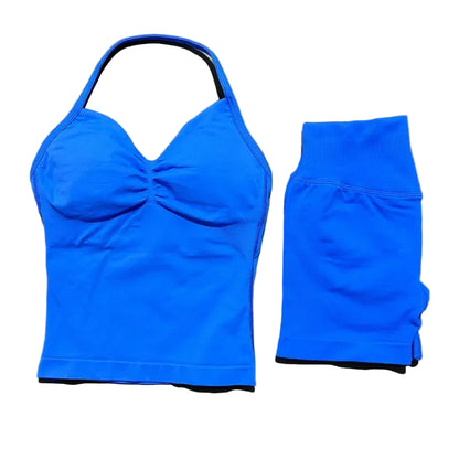 Yoga 2 Pieces Gym Set Women Backless Halter Tops High Waist Seamless Shorts Gym Suit Fitness Sports Bras Sportswear Workout Sets