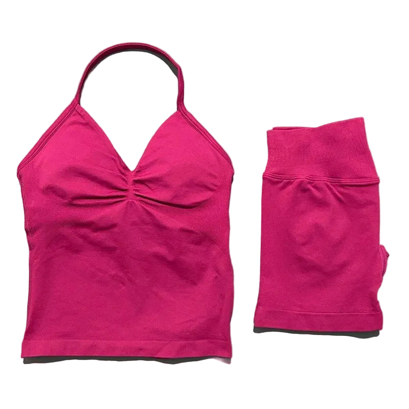 Yoga 2 Pieces Gym Set Women Backless Halter Tops High Waist Seamless Shorts Gym Suit Fitness Sports Bras Sportswear Workout Sets